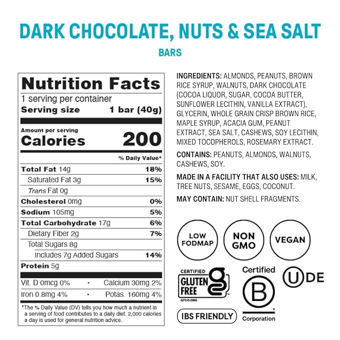 Fody Foods Snack Bars Dark Chocolate Nuts &amp Sea Salt 1.41 Oz (Pack of 12) 5g Protein Low FODMAP Gut &amp IBS Friendly Vegan Lactose Free Non-GMO Gluten Free