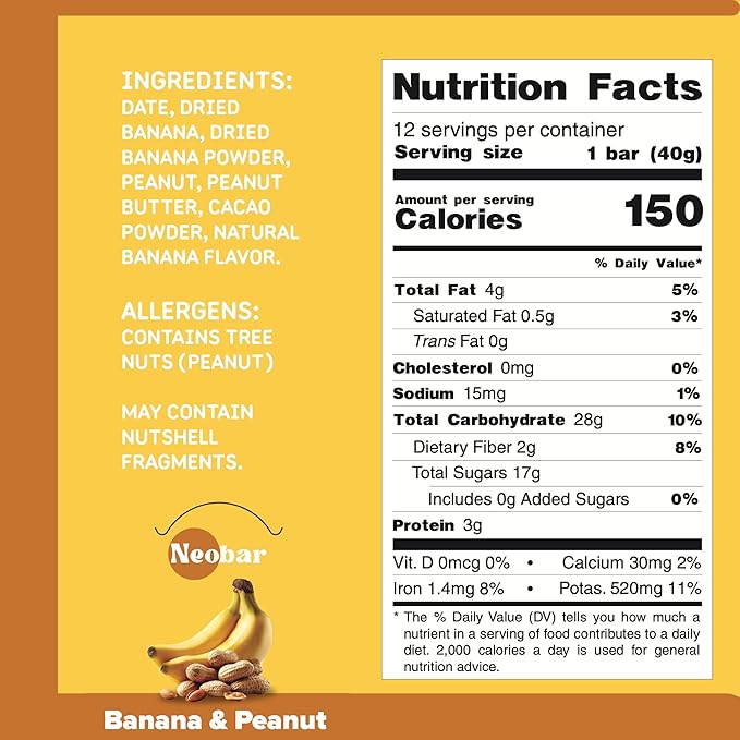 NEOBAR Banana Peanut Fruit and Nut Bars - Plant-Based Vegan Snack Bars Gluten Free Dairy Free Snacks No Added Sugar No Preservatives Non-GMO | 12 Count