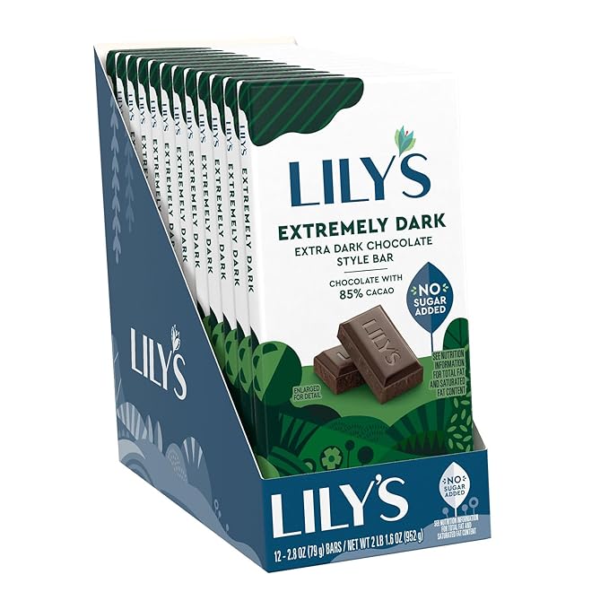 LILY'S Extremely Dark Extra Dark Chocolate Style No Sugar Added Sweets Bars 2.8 oz (12 Count)