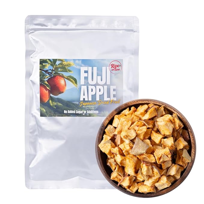 Authentic Japanese Dried Fuji Apples (Nagano Ringo) - Rich Nectar Flavor &amp Soft Chewy Texture - Luxury Diced Topping for Yogurt Oatmeal &amp Tea - No Sugar Added Skin-on Cubes (4.2oz)