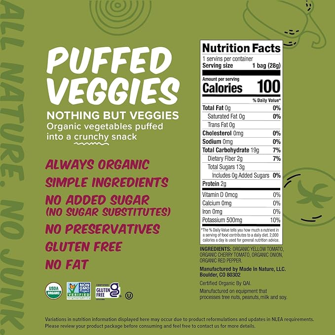 Made In Nature Organic Puffed Veg Medley 1 Ounce (Pack of 6) – Veggie Variety Pack Vegan Snack Non-GMO Gluten Free Kosher