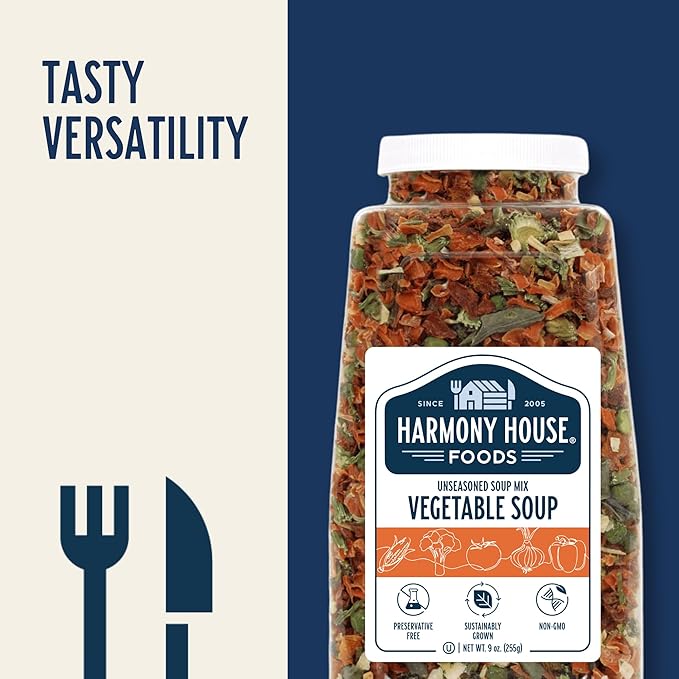 Harmony House Premium Vegetable Soup Mix - Dehydrated Vegetables for Cooking Camping Emergency Supply and More (9 oz Quart Size Jar)