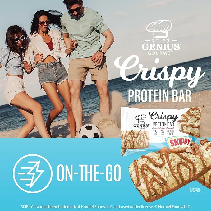 Genius Gourmet SKIPPY® Peanut Butter Flavored Crispy Protein Bars12g Protein per serving (24% DV) 3g Sugar Delicious Snack Bar Gluten Free – 10 Count