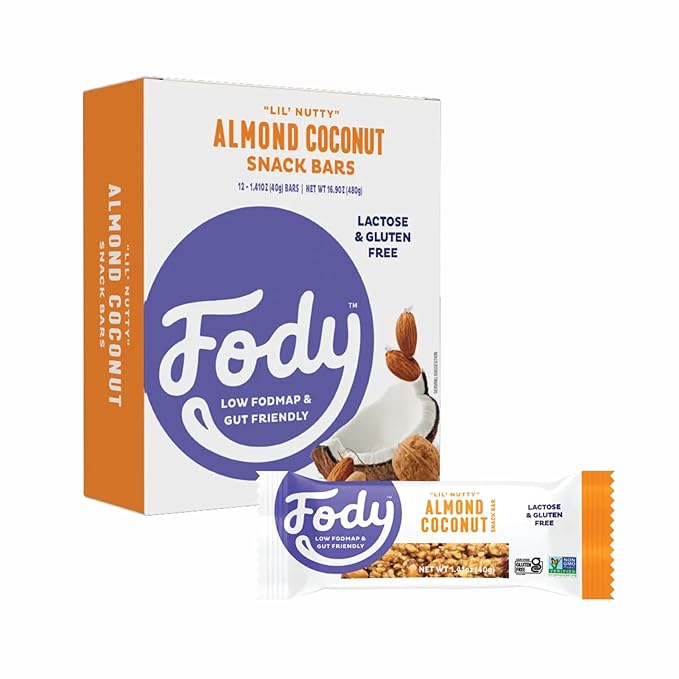 Fody Foods Snack Bars Almond Coconut 1.41 Oz (Pack of 12) 6g Protein Low FODMAP Gut &amp IBS Friendly Vegan Lactose Free Non-GMO Gluten Free