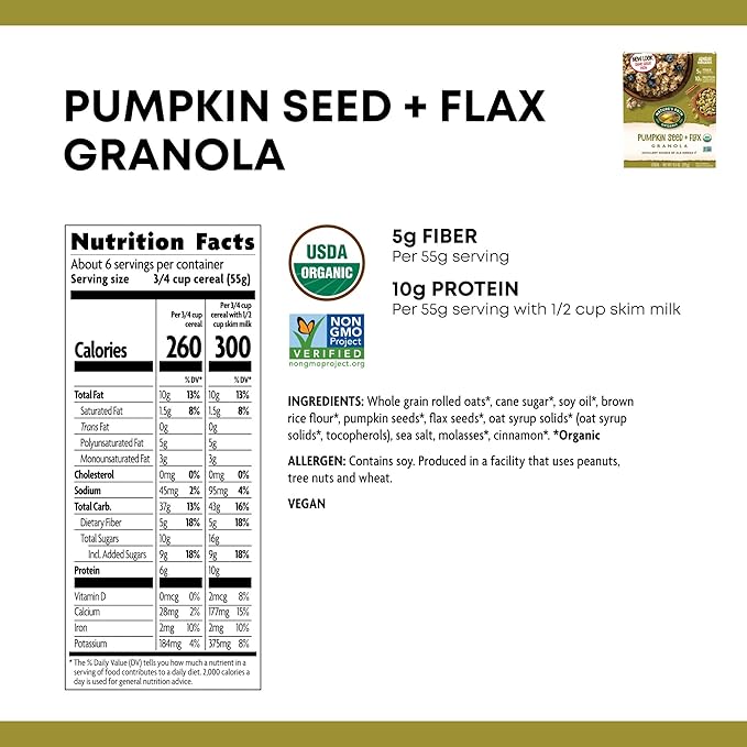 Nature's Path Organic Pumpkin Seed and Flax Granola 1.65 Lbs. Earth Friendly Package (Pack of 6) Non-GMO Heart Healthy High Fiber 6g Plant Based Protein
