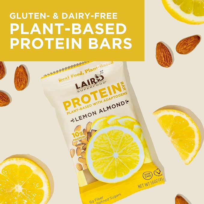 Laird Superfood Functional Protein Bars – Protein Bar but Better with Real Ingredients Functional Mushrooms 10g Plant-Based Protein 6g Fiber - Non-GMO - Lemon Almond 10 Count (Pack of 1)
