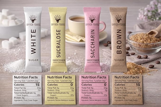 Office Roast Variety Pack - Assorted Sweeteners for Coffee Tea &amp Beverages – Includes Sucralose Saccharin Raw Brown &amp White Sugar – Convenient Individually Wrapped Packets (400 Count Total