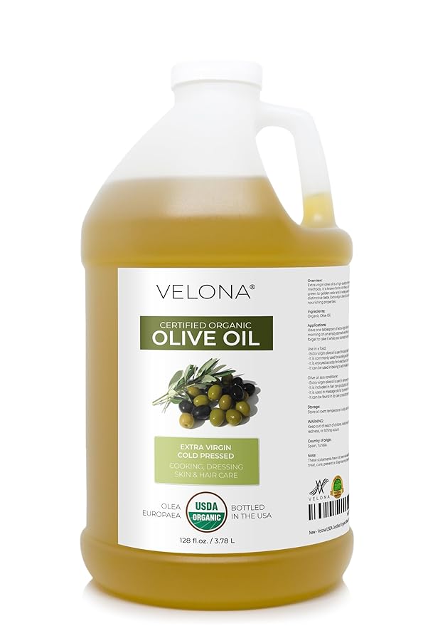 velona USDA Certified Organic Olive Oil -1 Gallon / 128 Fl Oz | 100% Pure and Natural Carrier Oil | Extra Virgin Unrefined Cold Pressed | Cooking Dressing Face Hair Body &amp Skin Care | Use To