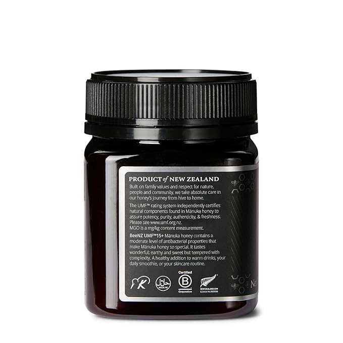 BeeNZ Raw Manuka Honey Certified UMF 15+ (MGO 514+) Pure New Zealand Monofloral Manuka Natural Sweetener Superfood for Immune Support No Sugar Added Traceable from Hive to Jar 8.8 oz/250g