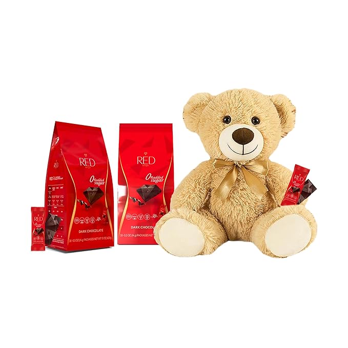 Red Delight Snack Size Dark Chocolate Bars Pack of 2x14G - 30 Keto Chocolate Snack Bars - Vegan Low Carb Kosher &amp No Added Sugar - Healthy Chocolate Birthday Gift with Plush Teddy Bear