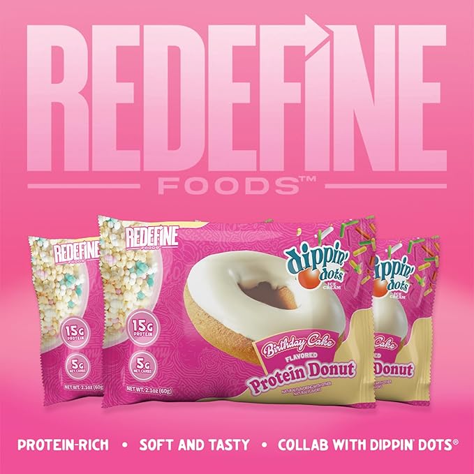 Redefine Foods Dippin' Dots Protein Donut - 8 Count - Birthday Cake Flavor - 15g of Protein Per Serving - No Artificial Ingredients