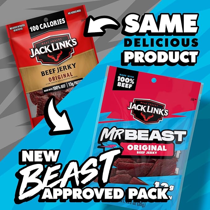 Jack Link's x MrBeast Original Beef Jerky - (10 Pack) 1.25 oz Bags - Ready to Eat Protein Snacks - 13g Protein per Serving - Made with 100% Real Beef