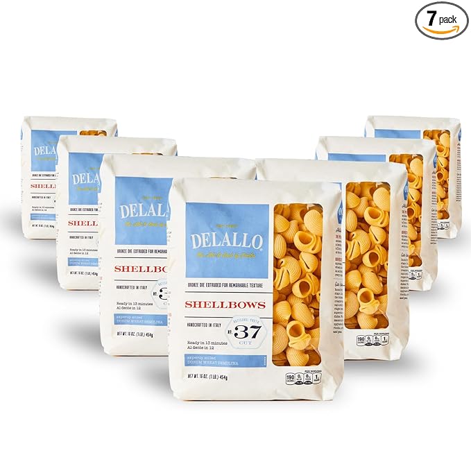 DeLallo Shellbows Semolina Pasta 1 Pound Bag 7 Pack Product of Italy Made with Durum Wheat Flour Shell-Shaped Noodles