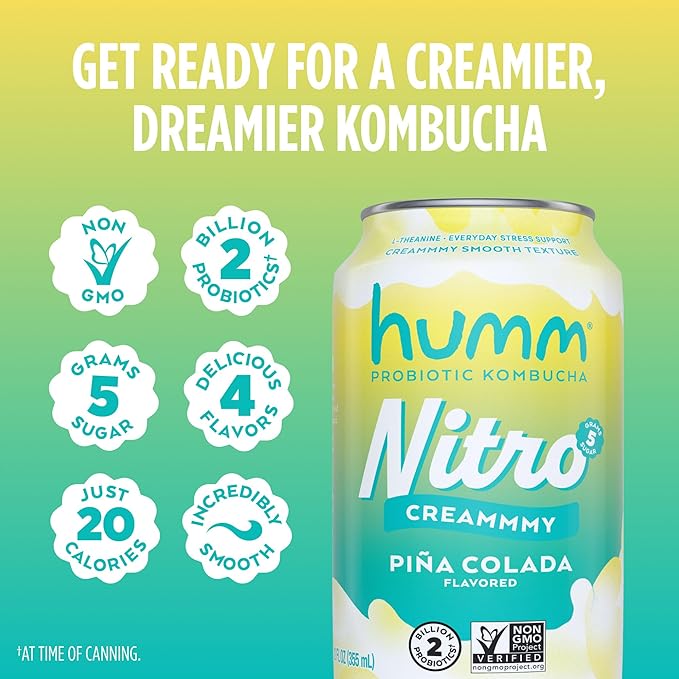 Humm Nitro Kombucha Piña Colada Creamy Smooth Probiotic Drink with L-Theanine Non-GMO Vegan Gluten Free 12 fl oz (Pack of 12)
