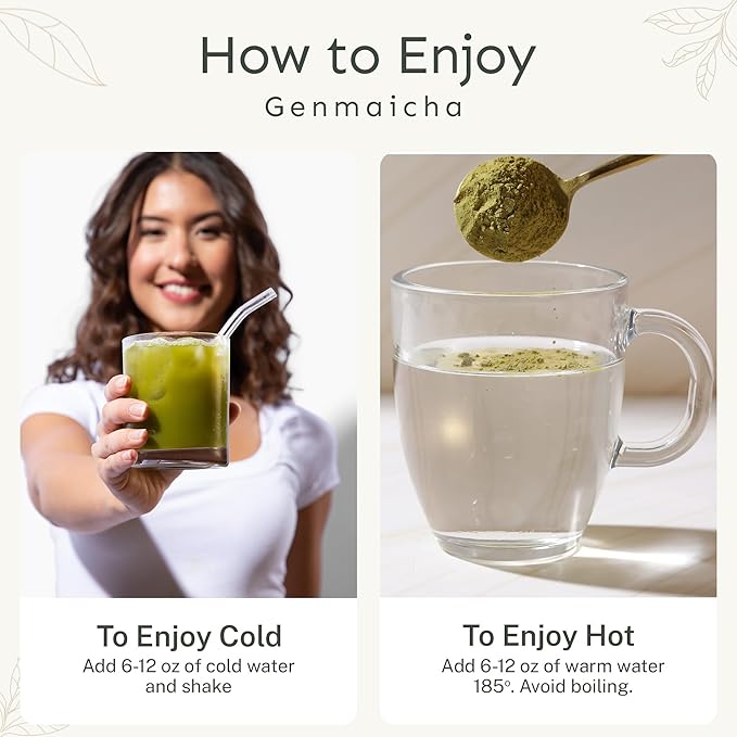 Yu Tea Organic Genmaicha Green Tea Powder 75 Servings | Japanese Green Tea &amp Roasted Brown Rice | Low Caffeine &amp Unsweetened | Relaxation Antioxidants &amp Digestion | Resealable Pouch 2.6
