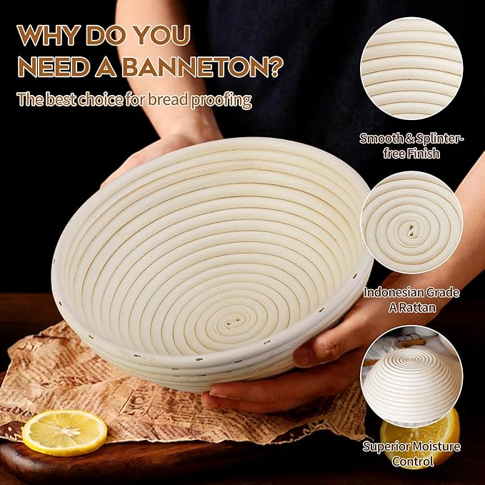 Banneton Proofing Basket for Sourdough Bread Handmade &amp Natural Rattan - Round Dough Rising Basket for Baking - Perfect for Artisan Breads (Round of 2 Gift Set)
