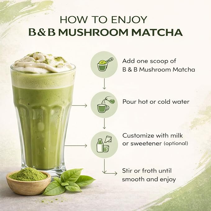 B &amp B Mushroom Matcha Powder with Coconut Milk | Lion’s Mane Cordyceps Chaga &amp 6 Mushroom Fruiting Body Blend – Japanese Ceremonial Grade Matcha – Adaptogenic Energy &amp Focus Drink Mix –