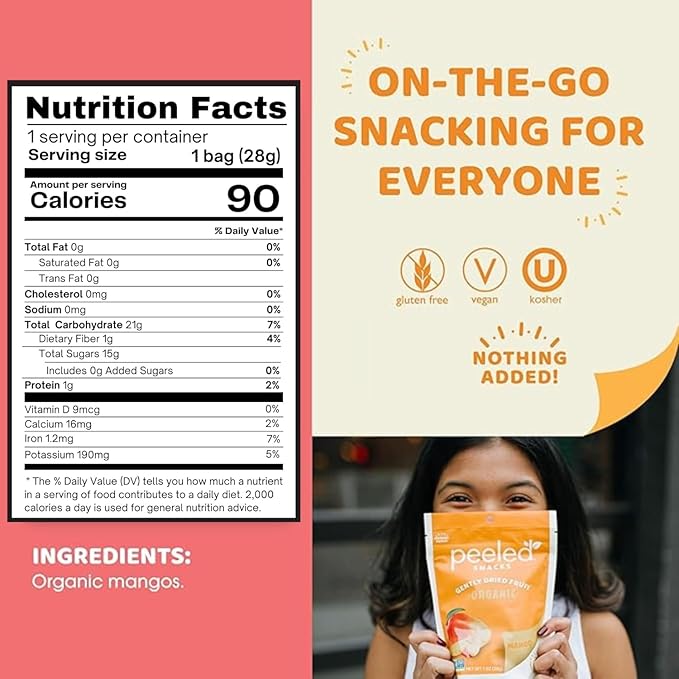 Peeled Snacks Organic Dried Fruit – Healthy Vegan Snacks for On-the-Go Lunch and More Mango 1 Oz (Pack of 24)