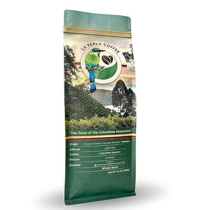 La Perla Colombian Single Origin Specialty Coffee Medium Roast Premium Whole Bean 16oz – Caramel &amp Chocolate Notes – Fresh Gourmet Arabica