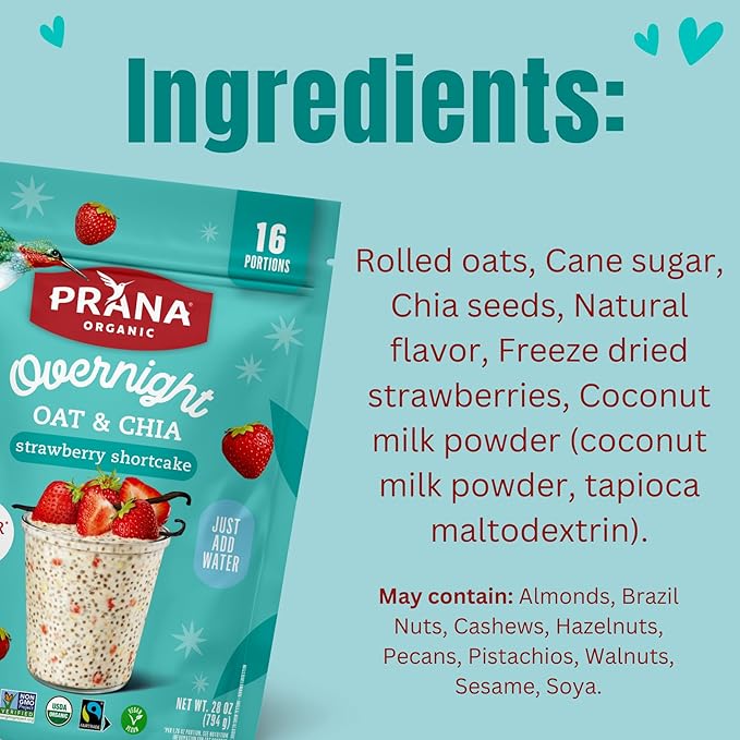Prana Organic Overnight Chia with Oats Strawberry Shortcake | 28 oz Bags - 2 Pack | Rich in Fiber &amp Protein Vegan Non-GMO | Ready to Eat Breakfast