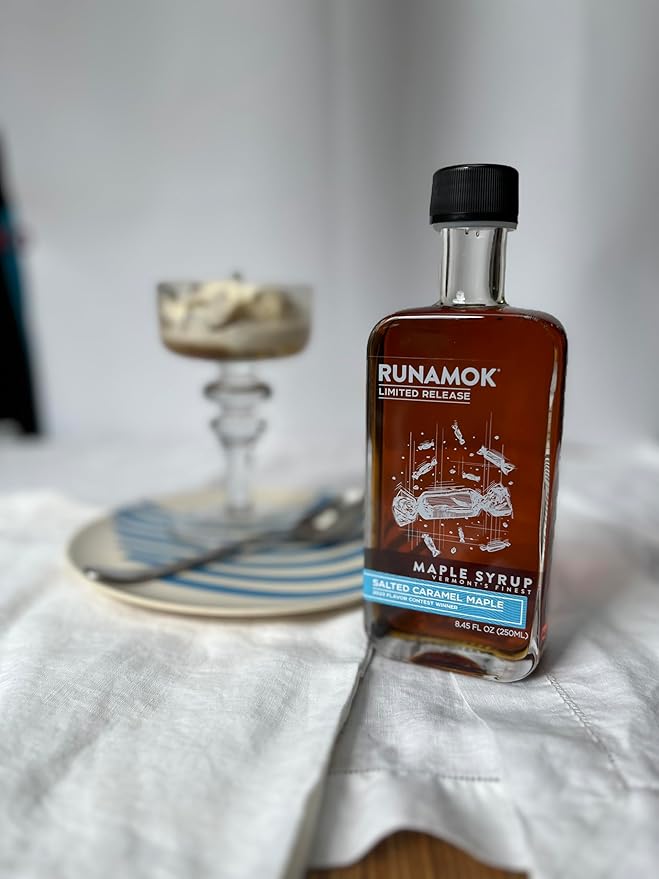Runamok Maple Salted Caramel Maple Syrup - Authentic &amp Real Vermont Maple Syrup | Gluten Free &amp Natural Sweetener | Breakfast Coffee Pancakes Maple Syrup | 8.45 Fl Oz (250mL)
