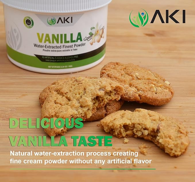 Aki Fine Vanilla Powder Extract From Beans (5.29oz/150g) - Water Extracted Powder Ideal For Baking Cooking Flavoring - Delicious Vanilla Flavor &amp Easy to Add in Smoothies &amp Coffee Non-GMO &a