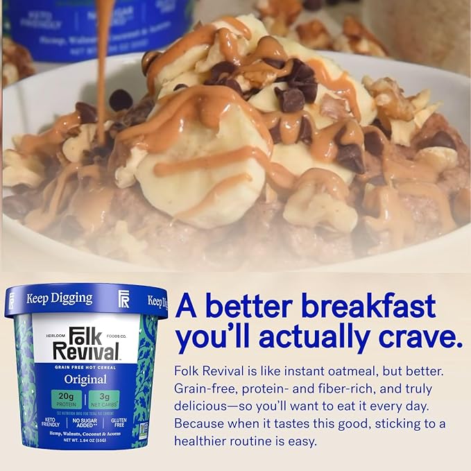 Folk Revival Original Keto Instant 'Oatmeal' - 20g Protein 3g Net Carbs High Fiber Non GMO Gluten Free Made with Acorns - 12 Cups Per Case