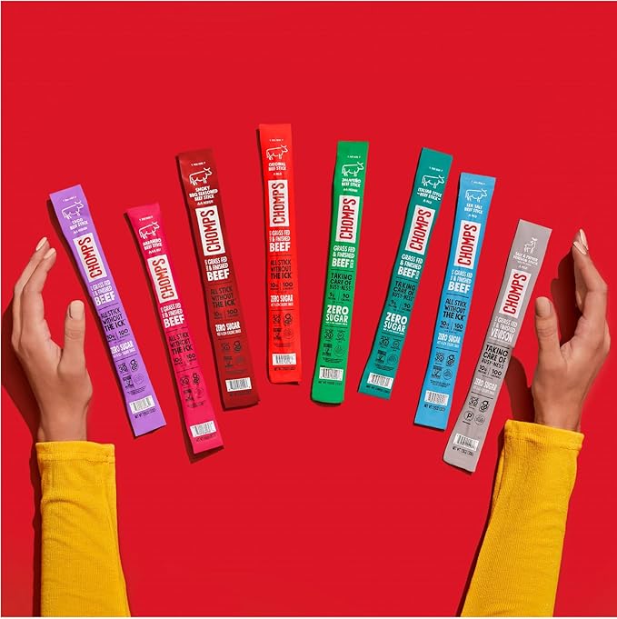 CHOMPS Grass Fed Sea Salt Beef Jerky Snack Sticks Keto Whole30 Paleo Gluten Free Sugar Free Low Carb AIP Diet Compliant 1.15 Oz Pack of 24