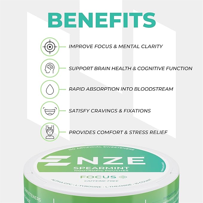 NZE Caffeine Free Nootropic Pouches (Spearmint) - Nootropic Pouches with Alpha GPC L-Tyrosine &amp L-Theanine - No Sugar or Artificial Sweeteners - 15 Nicotine Free Pouches Per Can - 5 Pack