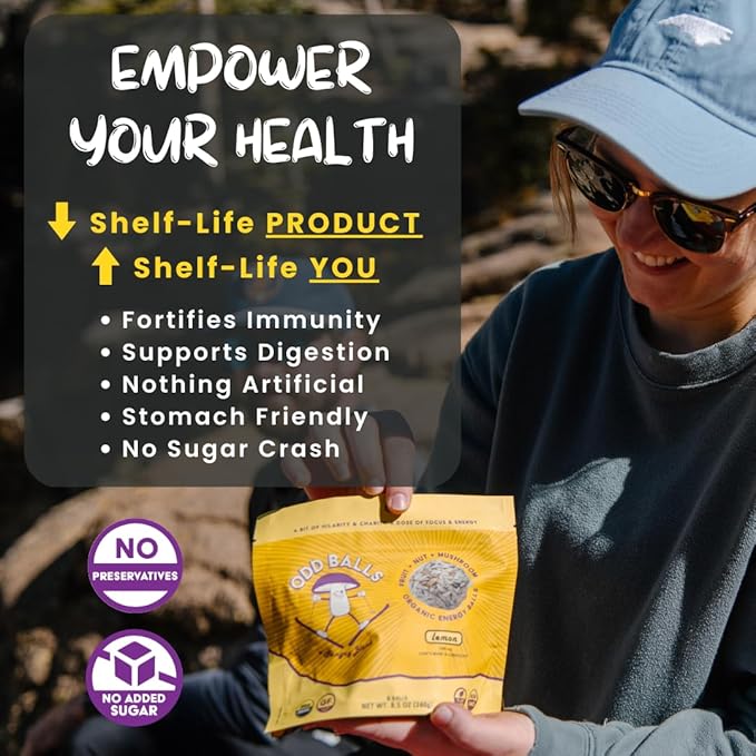 ODD BALLS Organic Energy Balls Lemon - Superfood Mushroom Snack - Running Cycling Hiking - Gels Bars Alternative - Lion's Mane Focus Cordyceps Energy - Vegan Gluten Free Snacks for Kids &amp Adu