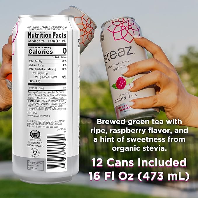 Steaz - Organic Green Tea - Zero Calorie Raspberry (12 Pack) - Antioxidant Brew - 65mg Natural Caffeine Vitamin C - Stevia Sweetened Iced Tea - Vegan Fair Trade - 12 Cans 16 fl oz (473mL)