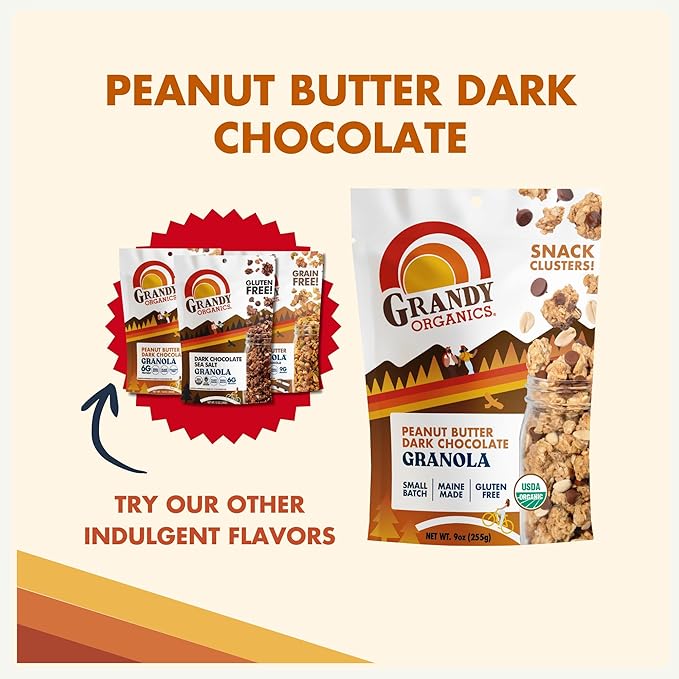 Grandy Organics Peanut Butter &amp Dark Chocolate Granola - 6g Protein Snackable Granola Clusters - Whole Grain Gluten Free Non-GMO Certified Organic Healthy Snacks - Pack of 3
