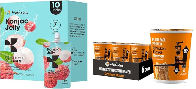 Hethstia High-Protein Ramen Chicken 6 Pack &amp Konjac Jelly Lychee 10 Pouches Plant-Based Instant Soup &amp Drinkable Jelly Low Calorie Keto Vegan Healthy Food Gift