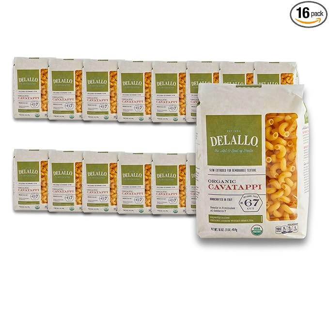 DeLallo Organic Cavatappi Pasta Springy Spiral Shape Made in Italy with 100% All-Natural Durum Wheat Flour Bronze Cut Kosher Non-GMO 16 oz Bag (16 Pack)