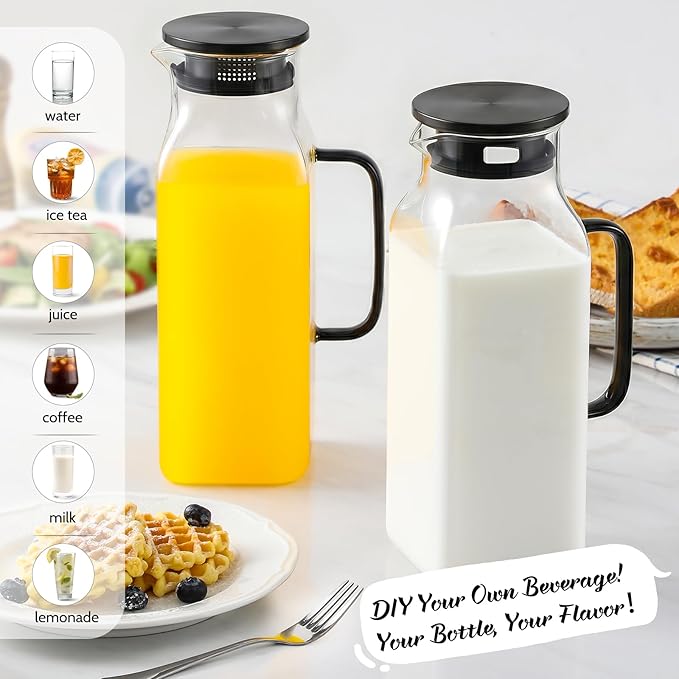 2 Pack 2 Liters/68 oz Square Glass Pitcher with Lid and Handle for Fridge Iced Tea and Coffee Carafe Beverage Serveware Heat Resistant Borosilicate Water Black Jug for Hot/Cold Drinks and Milk