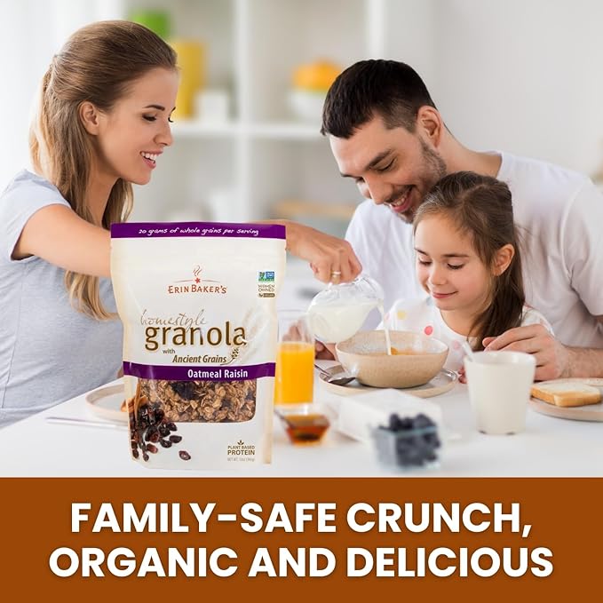 Erin Baker’s Homestyle Oatmeal Raisin Granola with Ancient Grains - Made from Natural Ingredients Crunchy Versatile Snack or Cereal - Vegan Friendly Non-GMO Resealable 160oz Bag 1‑Pack
