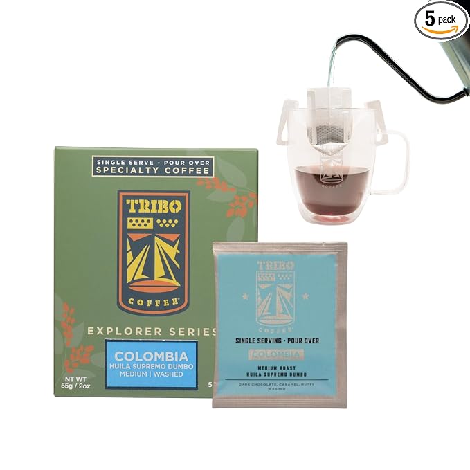 Tribo Coffee Single-Serve Portable Pour Over Drip Coffee - Colombia - 5 Servings Per Box (Medium Roast)
