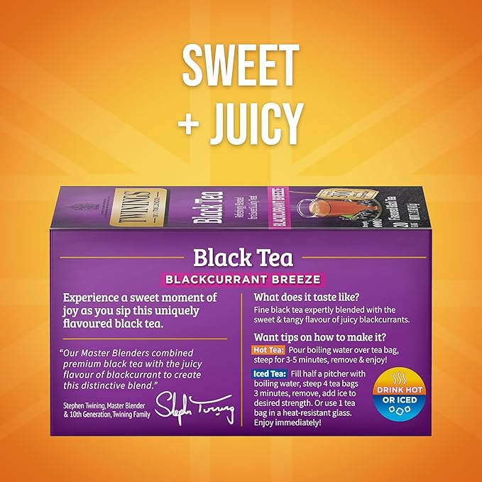 Twinings Blackcurrant Breeze Black Tea Individually Wrapped Bags 20 Count (Pack of 4) Sweet Tangy Taste Caffeinated Enjoy Hot or Iced 80 Teabags.