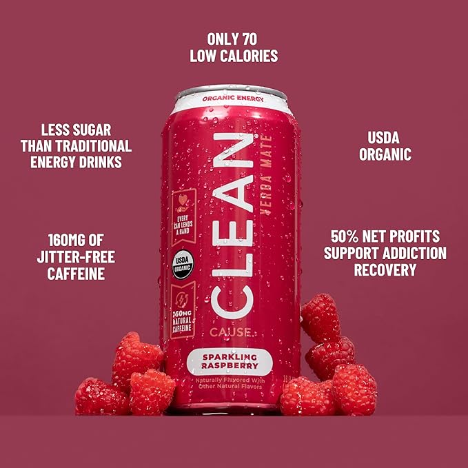 CLEAN Cause Low Calorie Raspberry Yerba Mate Tea Sparkling USDA Organic Energy Drink Alternative Low Sugar 160mg Natural Caffeine Soda Alternative Plant-Based (16oz cans 12-Pack Case)