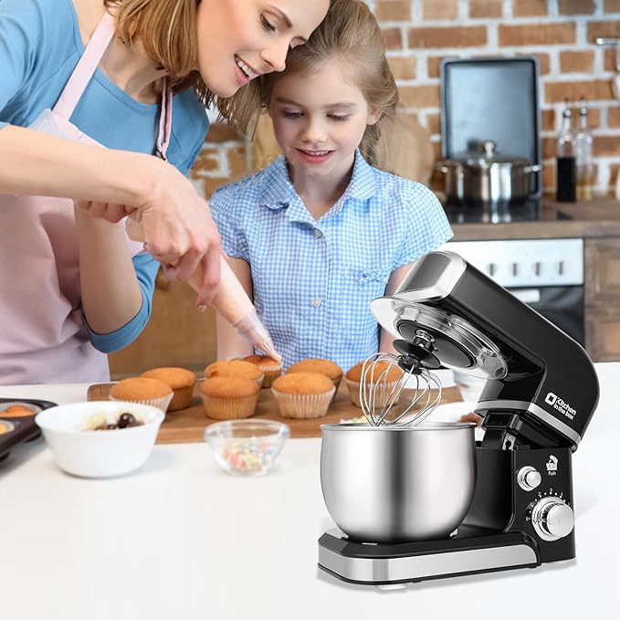 Kitchen in the box Stand Mixer3.2Qt Small Electric Food Mixer6 Speeds Portable Lightweight Kitchen Mixer for Daily Use with Egg WhiskDough HookFlat Beater (Black)