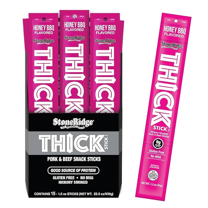 THICK STICK - STONERIDGE OLD-FASHIONED QUALITY HONEY BBQ - Hickory Smoked Pork and Beef Snack Sticks Gluten Free No MSG 15 Count THICK 1.5 oz Sticks High Protein Soy Free 15 Count