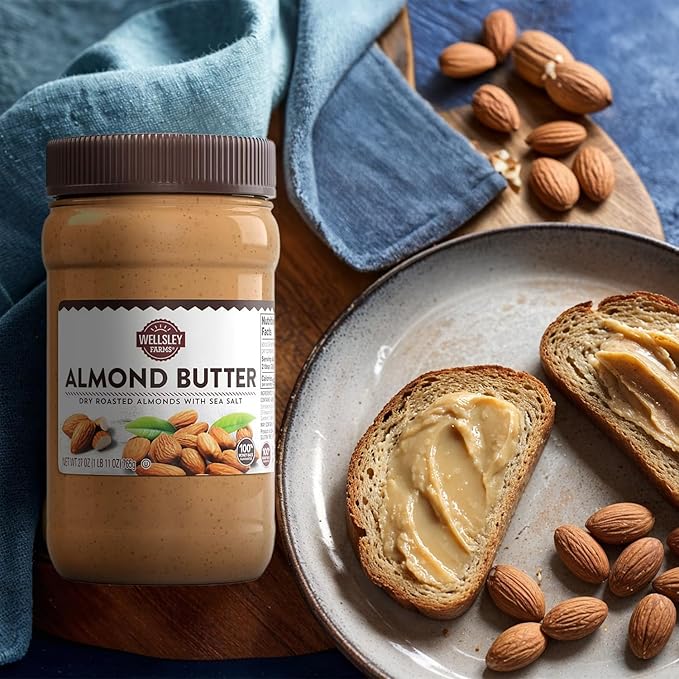 Wellsley Farms Almond Butter with Sea Salt 27 oz – Gluten-Free Creamy &amp Smooth Texture Made with Dry Roasted USA-Grown Almonds Peanut-Free High-Protein Spread for Toast Smoothies &amp Bakin