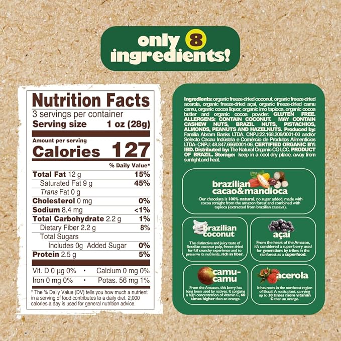 Naturanic Brazilian Dark Chocolate Covered Freeze-Dried Coconut Snack Zero Carb Keto Friendly No Sugar All Natural Organic Vegan - Pack of 2