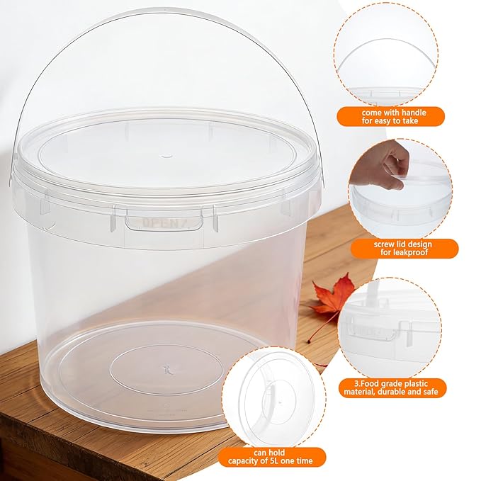 BOUTICOL 10 PCS Maple Syrup Collection Buckets - 5 L Clear Plastic Maple Syrup Tapping Containers with Lids for Experts or Beginners Maple Birch Syrup Collection Supplies