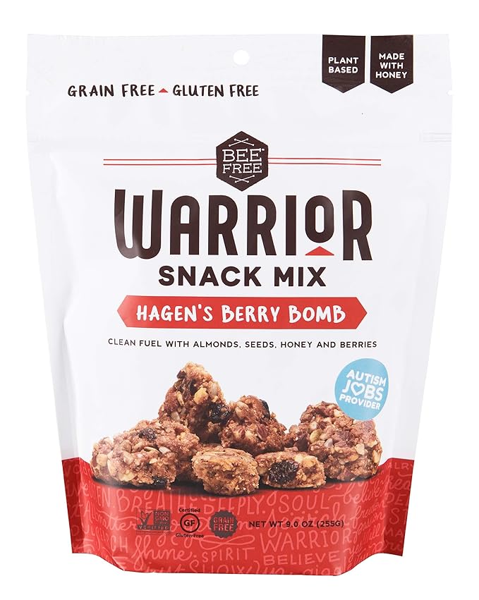 BeeFree Warrior Mix Gluten Free Granola - Chunky Granola Bites | Paleo Low Carb Grain Free Preservative Free Oat Free | Low Calorie Snacks | Hagen’s Berry Bomb 9 Ounce Bags 3 Pack