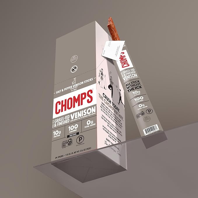 Chomps Grass Fed Venison Jerky Snack Sticks Keto &amp Paleo Whole30 Approved Non-GMO Gluten Free Sugar Free Nitrate Free 90 Calorie Snacks 1.15 Oz Meat Stick Pack of 24