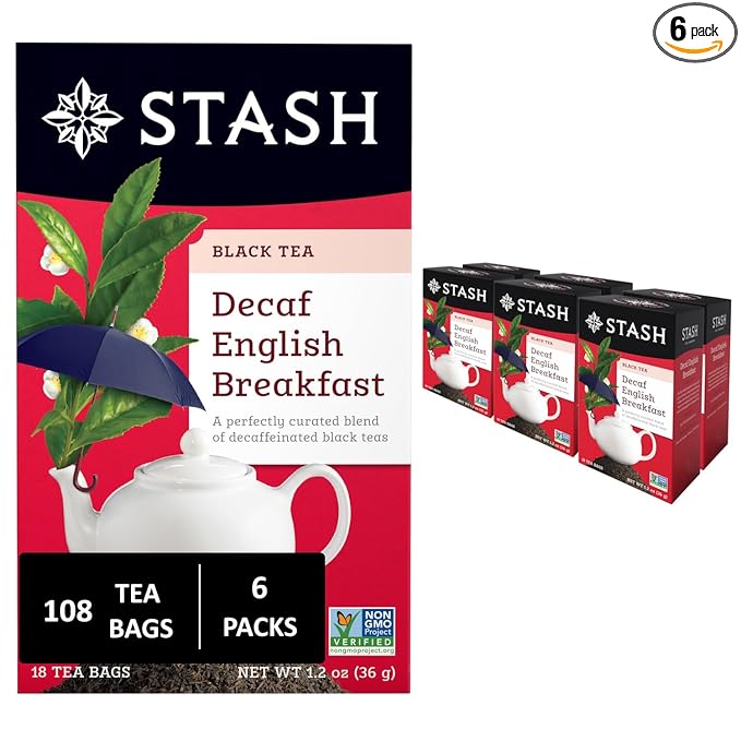 Stash Tea Decaf English Breakfast Black Tea - Decaf Non-GMO Project Verified Premium Tea with No Artificial Ingredients 18 Count (Pack of 6) - 108 Bags Total
