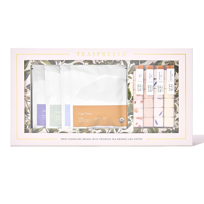Tea Latte Sampler Kit by Teaspressa – 4 Signature Organic Tea Blends + 4 Luxe Sugar Cubes – Make at Home - Manhattan Black Earl Grey Green &amp Rooibos Tea – Salted Caramel Vanilla London Fog &am