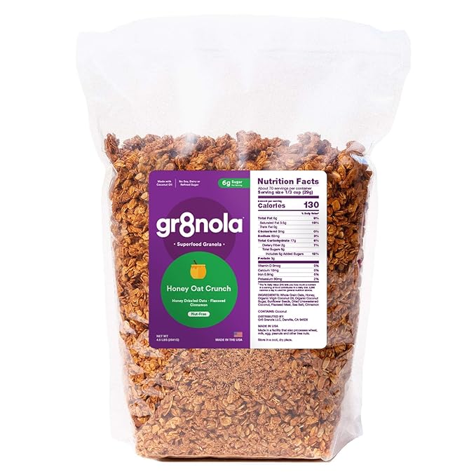 gr8nola HONEY OAT CRUNCH - Healthy Low Sugar Bulk Granola Cereal - Made with Superfoods Whole Oats Honey Cinnamon and Flaxseed Soy Free Dairy Free and No Refined Sugar - 4.5lb Resealable Bag