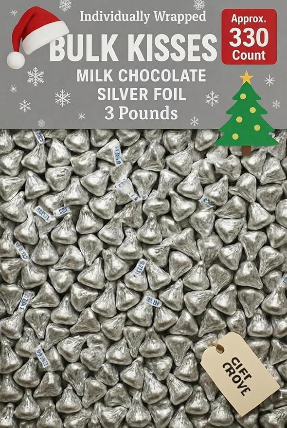 Harshey Christmas Kisses Chocolate Candy Mix Holiday Christmas Candy Bulk Individually Wrapped Holiday Chocolate Treats For Parties Stocking stuffers (Silver Foil - 330 Count)